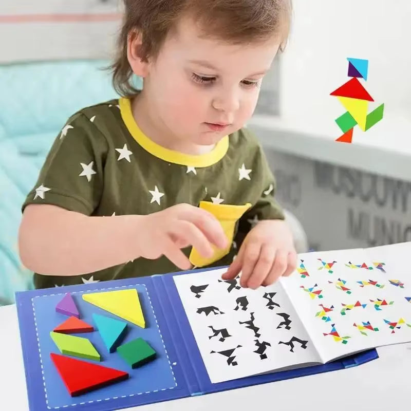 Wooden Jigsaw Magnetic Tangram Puzzle Book Educational Toys for Kid Portable Montessori Learning Intelligence