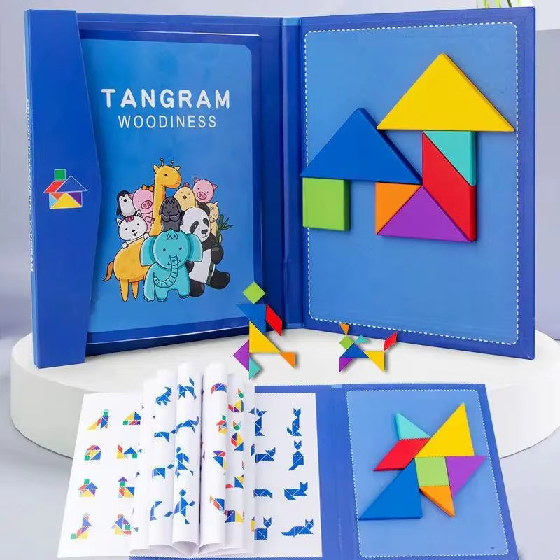 Wooden Jigsaw Magnetic Tangram Puzzle Book Educational Toys for Kid Portable Montessori Learning Intelligence